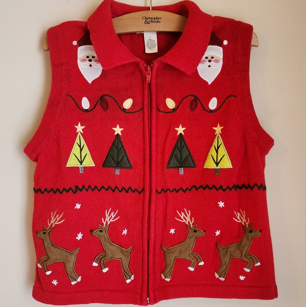 Vintage Christmas Holiday Themed Zip Up Sweater Vest size medium